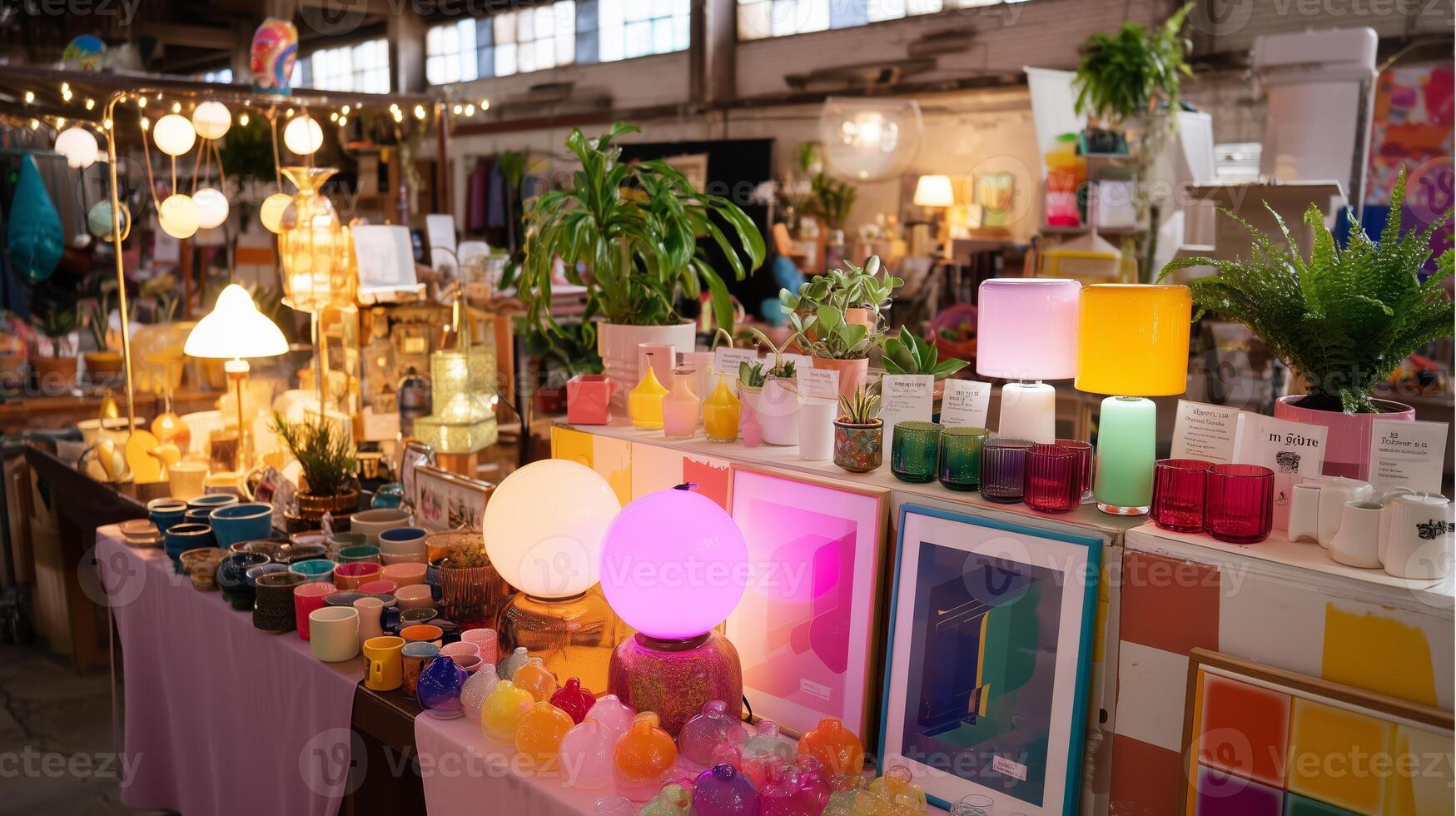 Bright and colorful display of handmade crafts and decor in a bustling marketplace during daylight hours photo