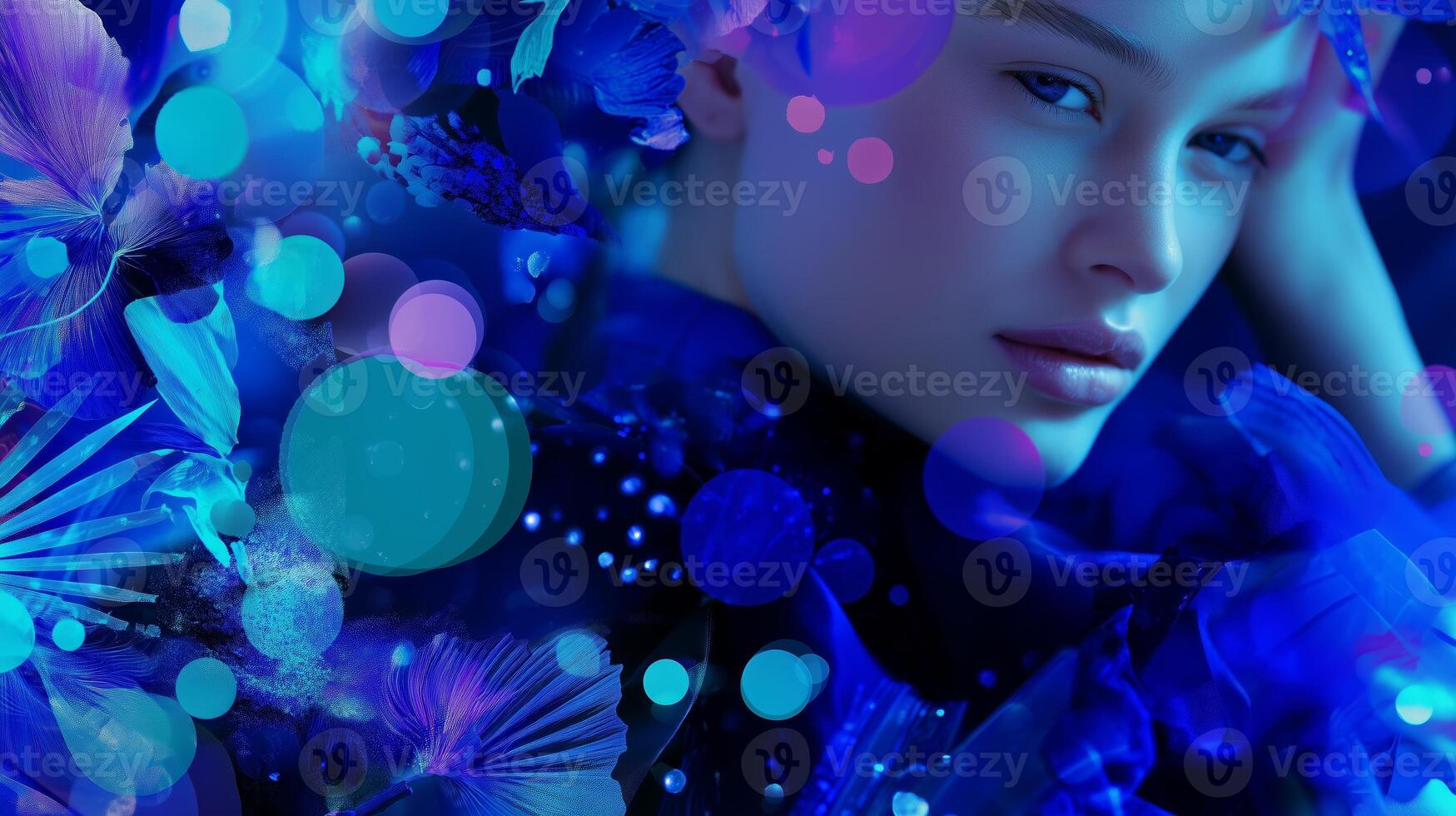 Model showcasing vibrant blue colors with floral elements in an artistic studio setting photo