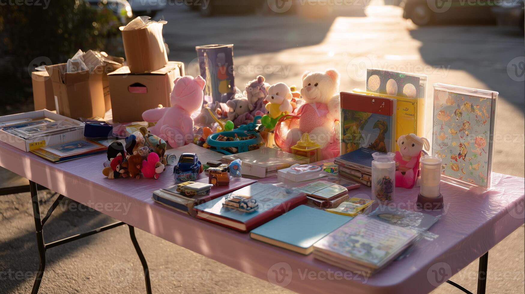 Colorful yard sale showcasing a variety of toys, stationery, and trinkets in late afternoon sunlight photo