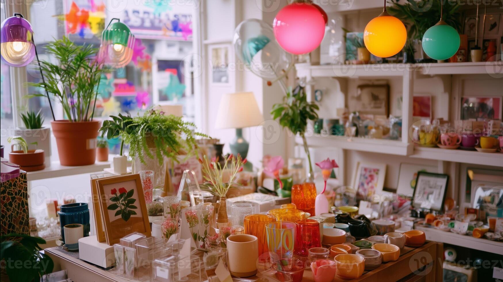 Colorful home decor shop displaying various plants, candles, and unique decorative items during daylight photo