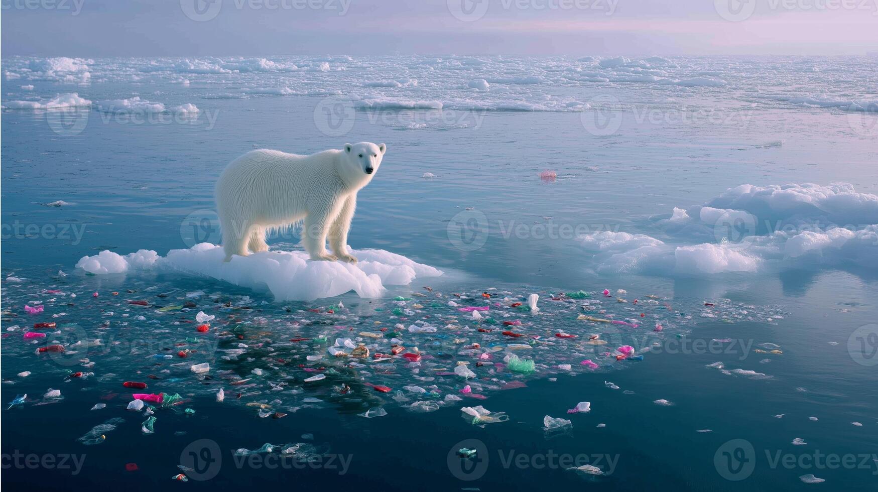 Polar bear stands on an ice floe surrounded by plastic waste in the Arctic during dusk photo