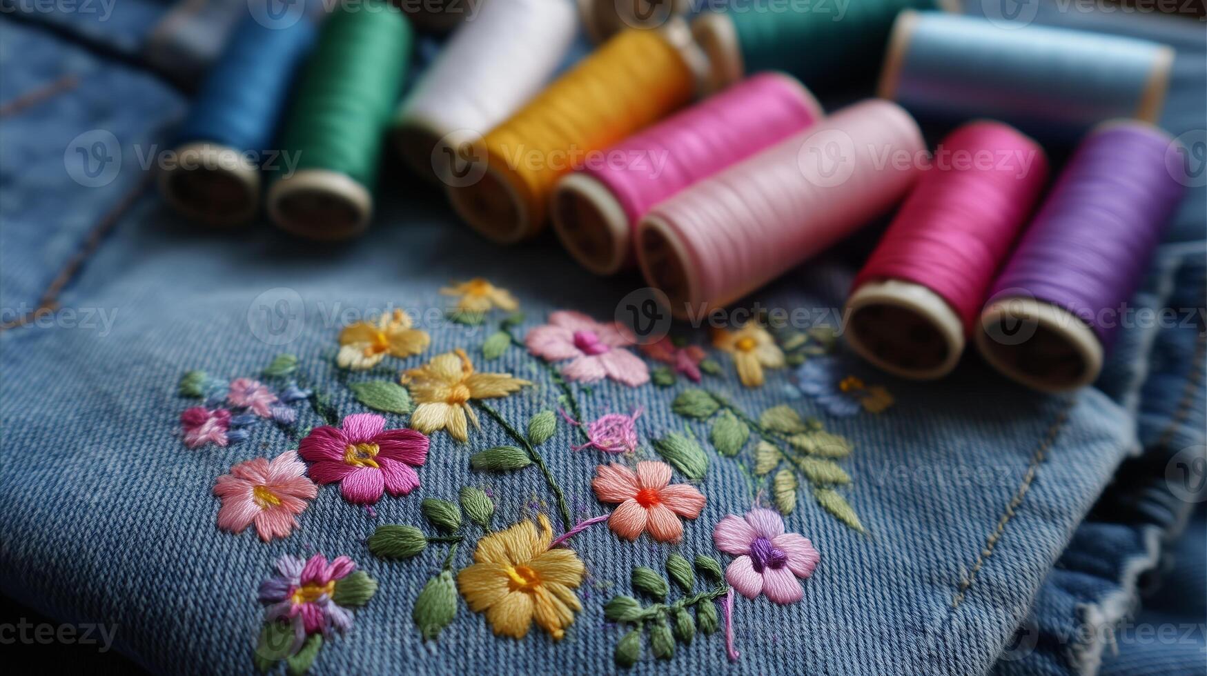 Colorful embroidery threads arranged next to a floral embroidery design on denim fabric photo