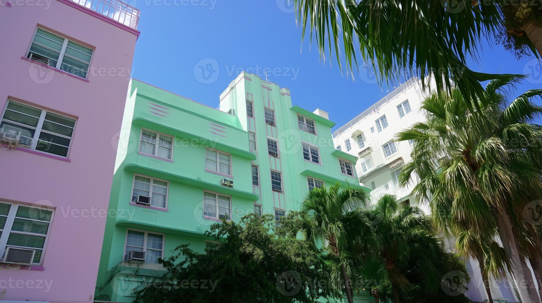 Colorful Art Deco buildings in South Beach Miami under clear blue sky surrounded by palm trees photo