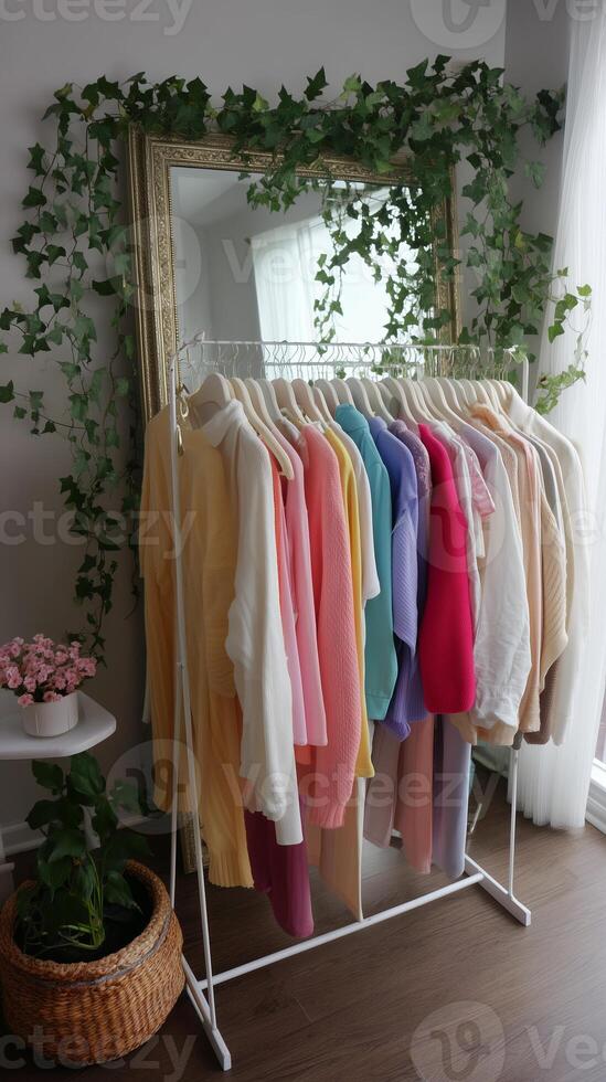 Colorful sweaters hanging on a rack by a mirror in a cozy indoor space surrounded by greenery photo