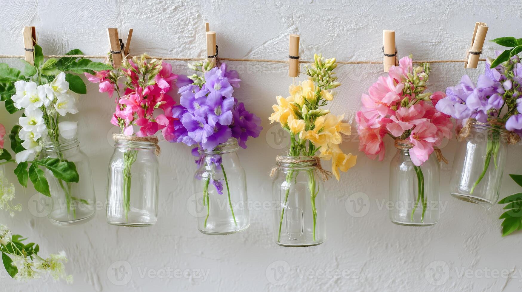 Colorful spring flowers hang in glass jars on a string against a textured wall adding charm and vibrancy to the space photo