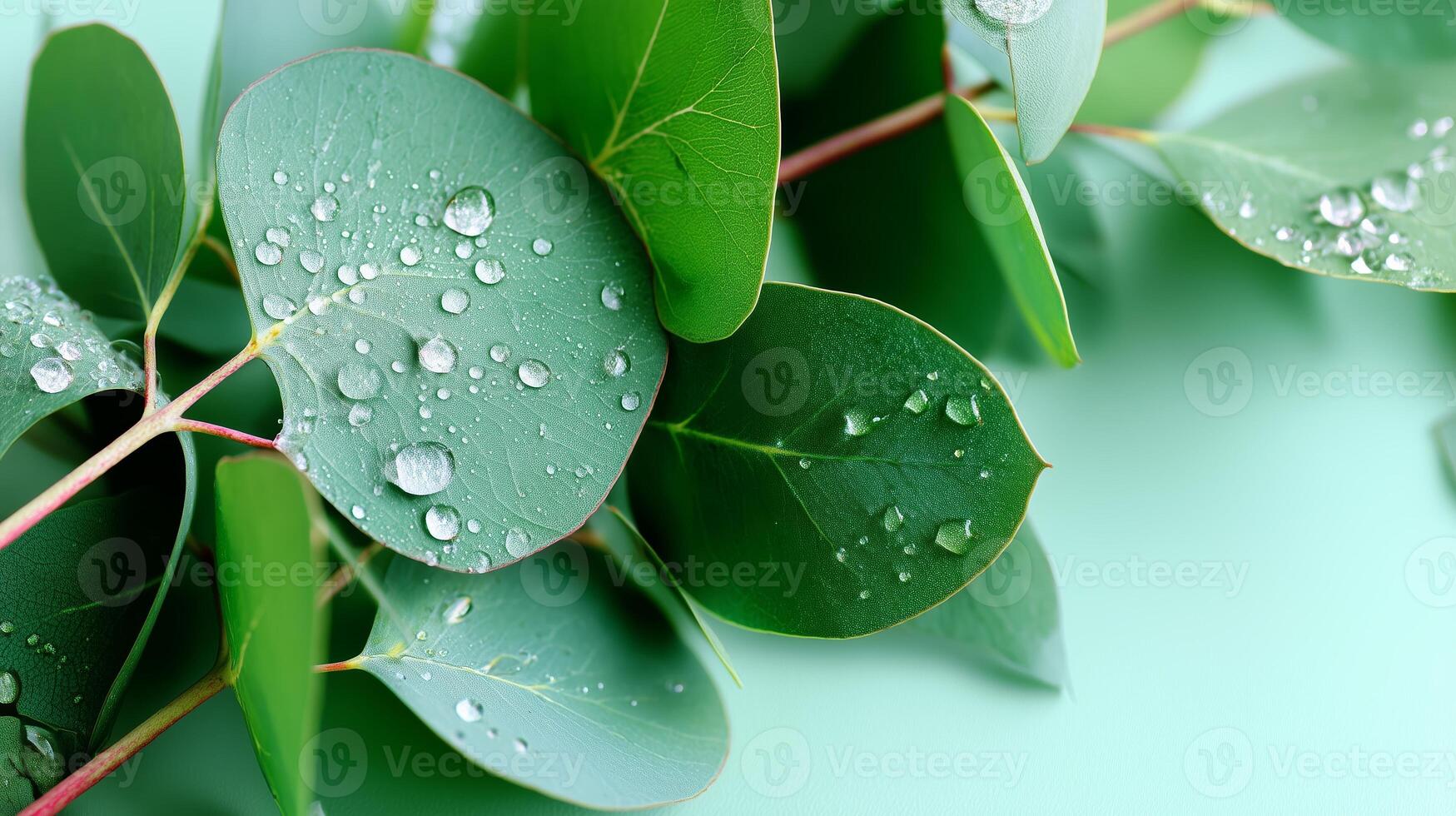 Eucalyptus leaves glisten with water droplets in calm natural setting during early morning photo