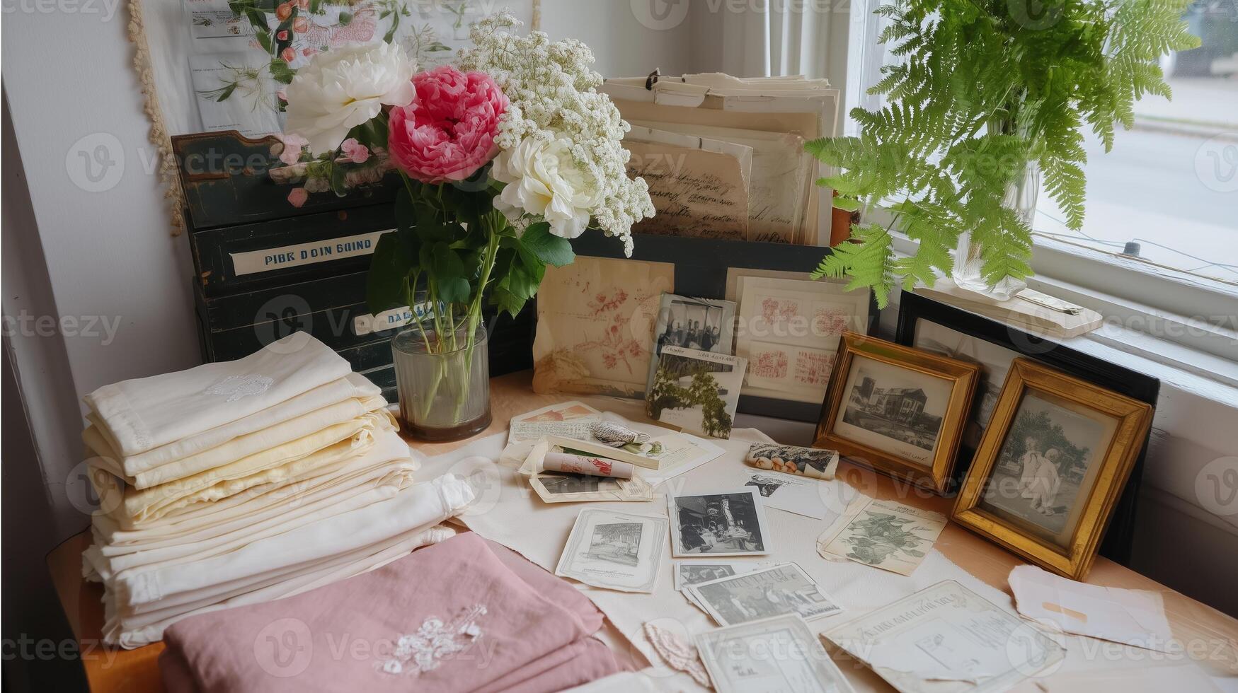 Collection of vintage photographs and linens displayed on a wooden table with flowers in a cozy room photo