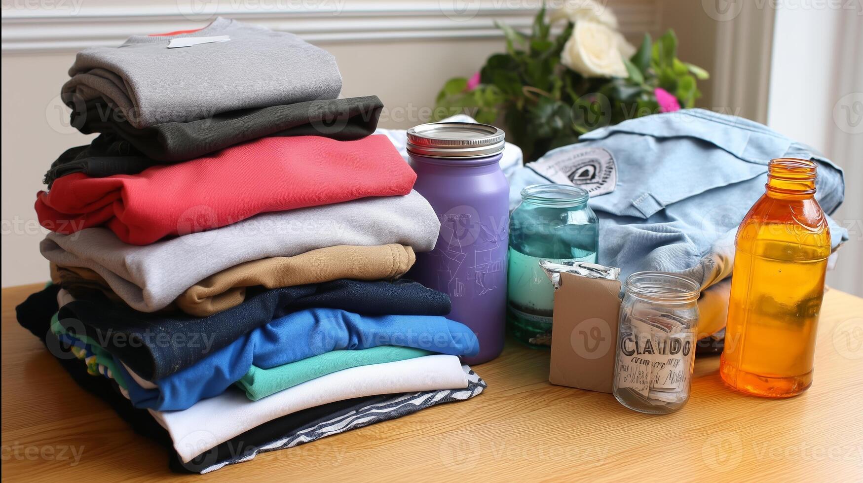 Clothing and jars organized on a wooden table with greenery in the background during daylight photo