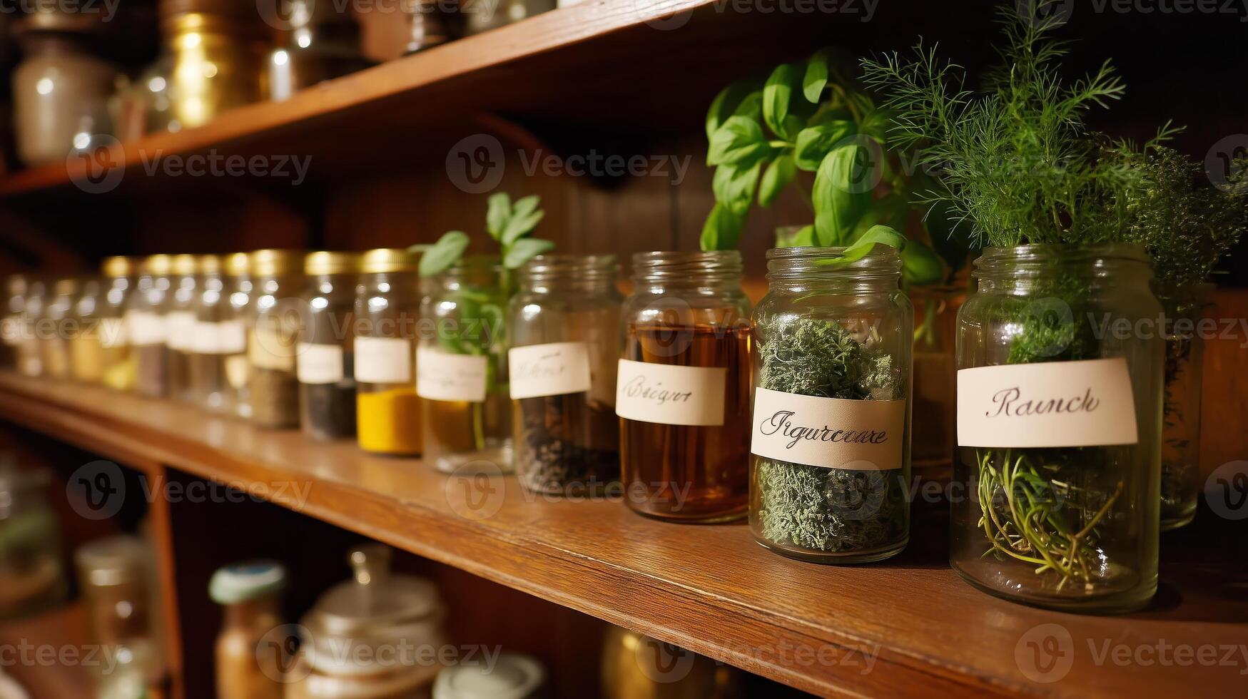 Collection of various herbs and spices in labeled jars arranged neatly on wooden shelves in a cozy kitchen environment photo
