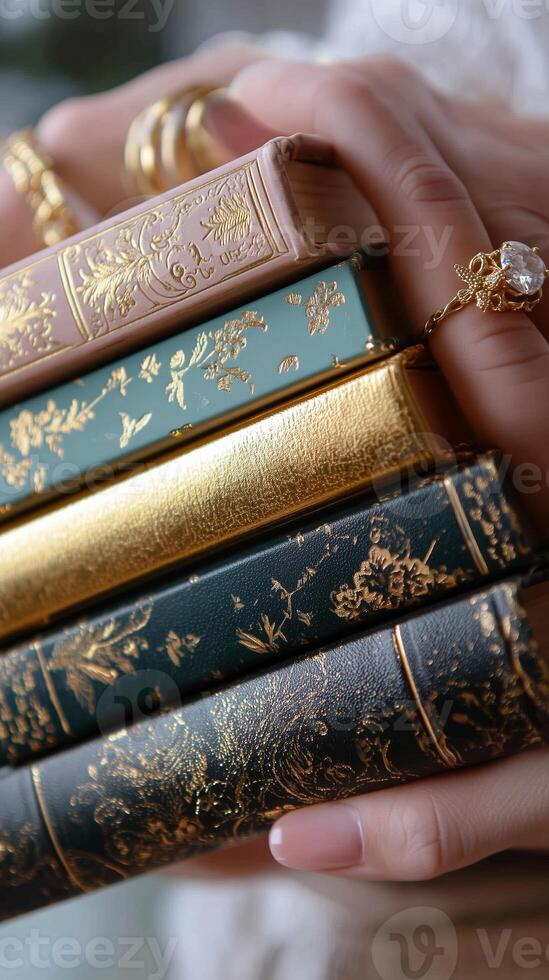 Elegant collection of vintage books held in a hand showcasing intricate designs and gold detailing in soft lighting photo