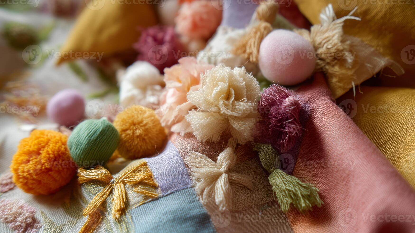Colorful textile art featuring intricate embroidery and decorative elements displayed on a fabric surface photo