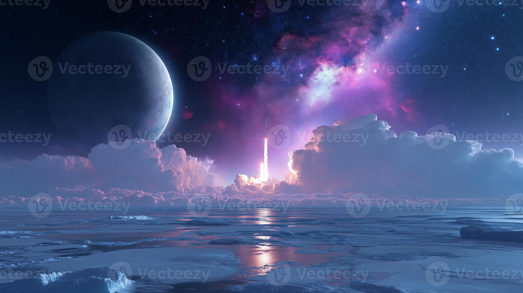 Rocket launch illuminated by vibrant galaxies above a serene alien ocean in a stunning cosmic world photo