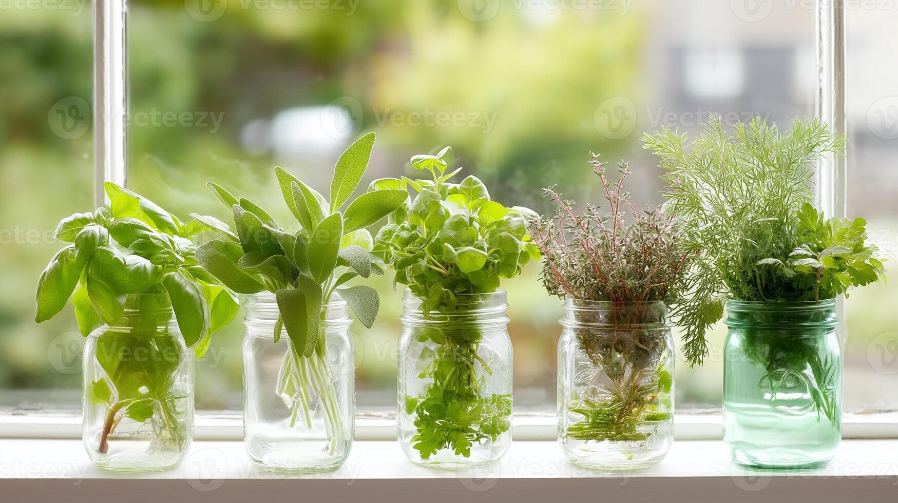 Fresh herbs in jars on a sunny windowsill create a vibrant indoor garden in the kitchen photo