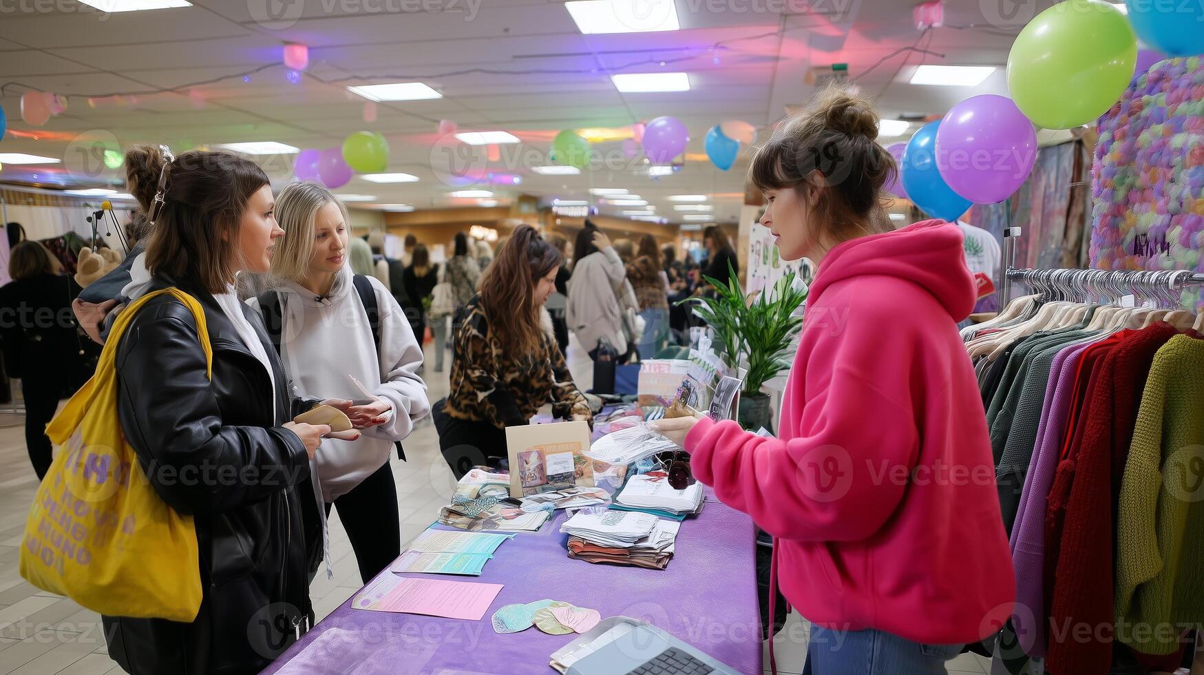 Vibrant market event with vendors and shoppers in a lively indoor setting photo