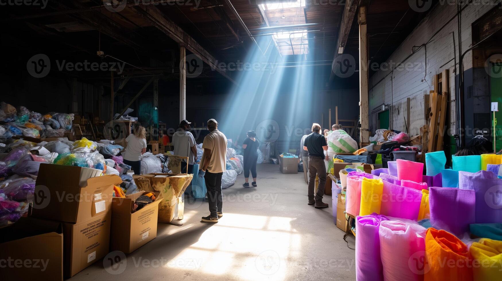 Sunlight streams into a warehouse as people sort colorful materials during an afternoon event photo