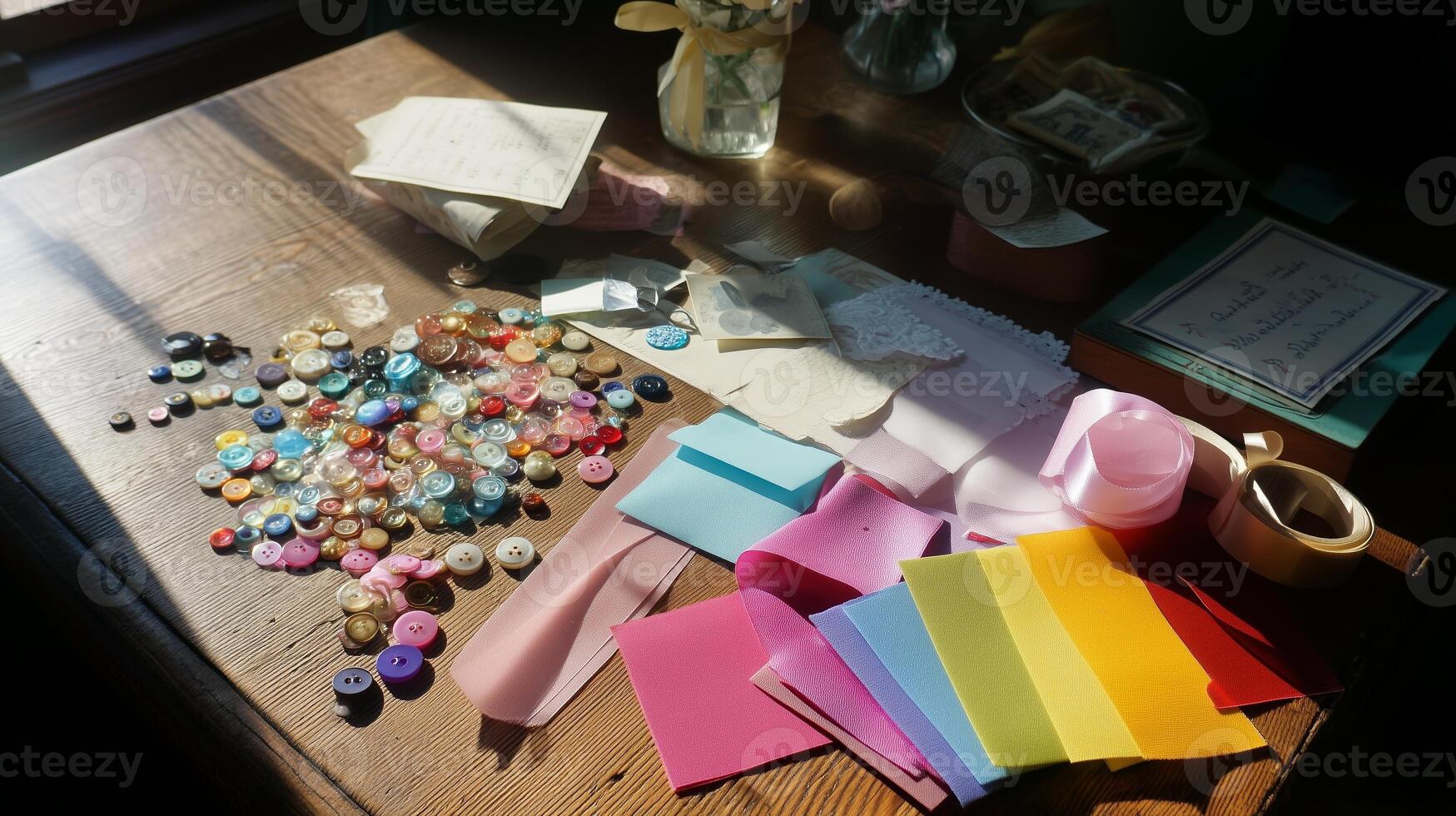 Colorful crafting materials scattered on a wooden table in a cozy workspace during daylight hours photo
