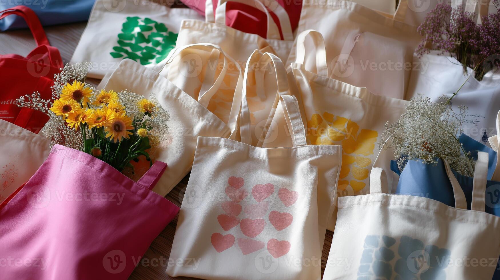 Colorful reusable bags with floral arrangements displayed on a wooden surface in a cozy indoor space during daylight photo