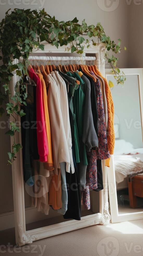 Stylish clothing rack adorned with colorful attire and greenery in a cozy bedroom setting photo