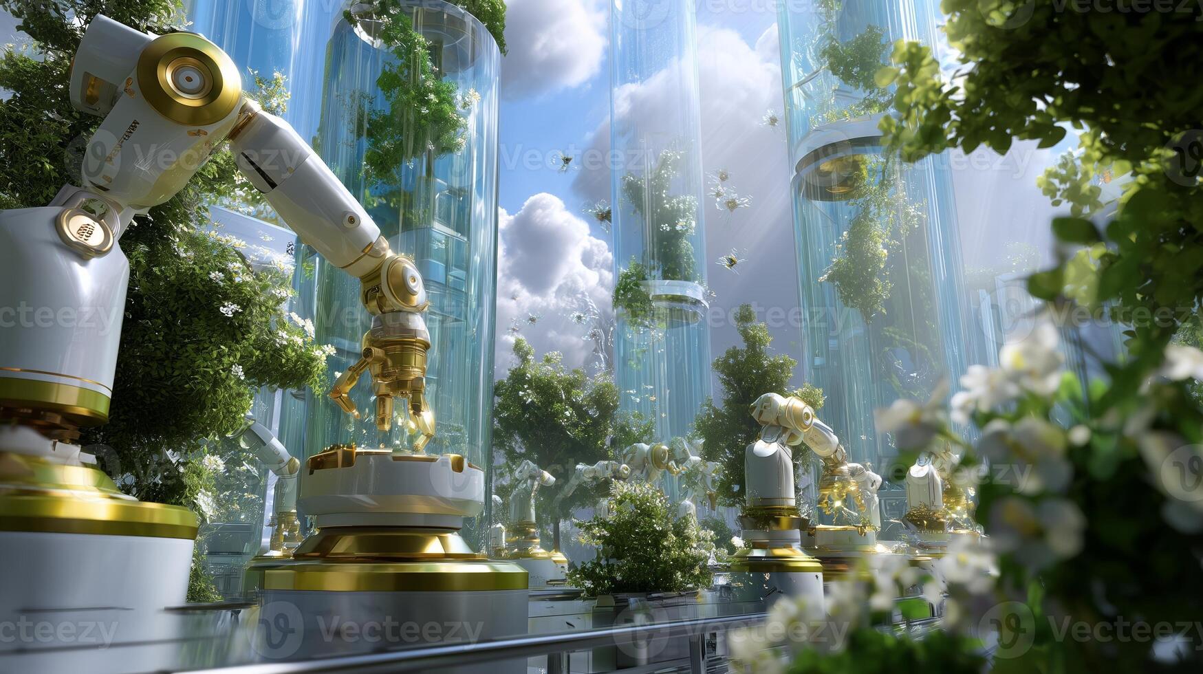 Futuristic garden with robotic arms tending to plants in a bright environment during daylight photo