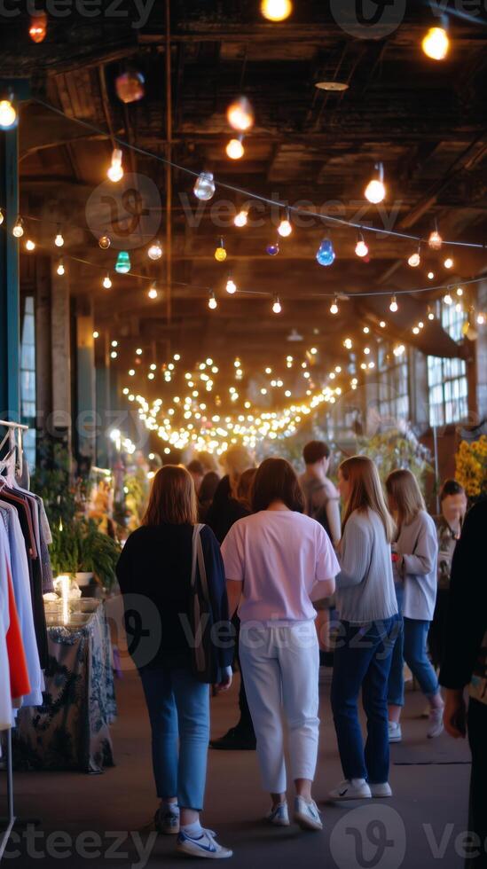 People explore a vibrant marketplace filled with lights and local crafts during the evening in a repurposed industrial space photo