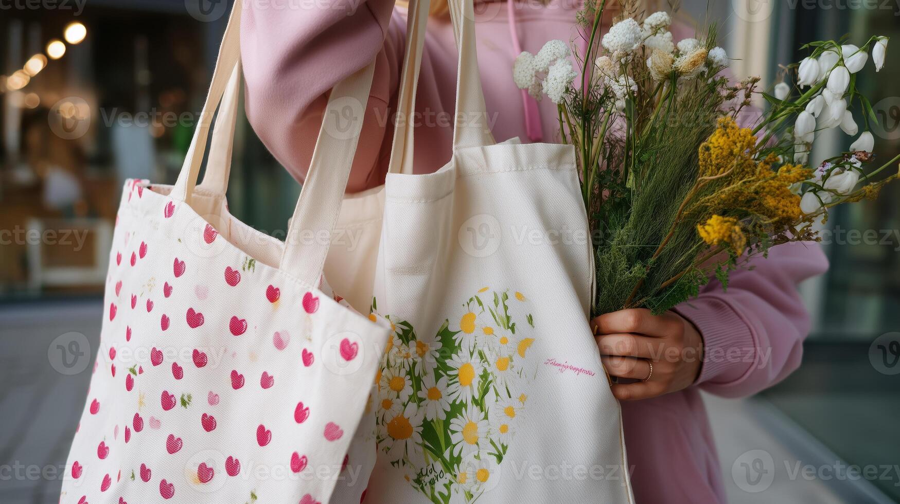 Woman carrying reusable bags filled with flowers on a city street during the day in a vibrant urban setting photo