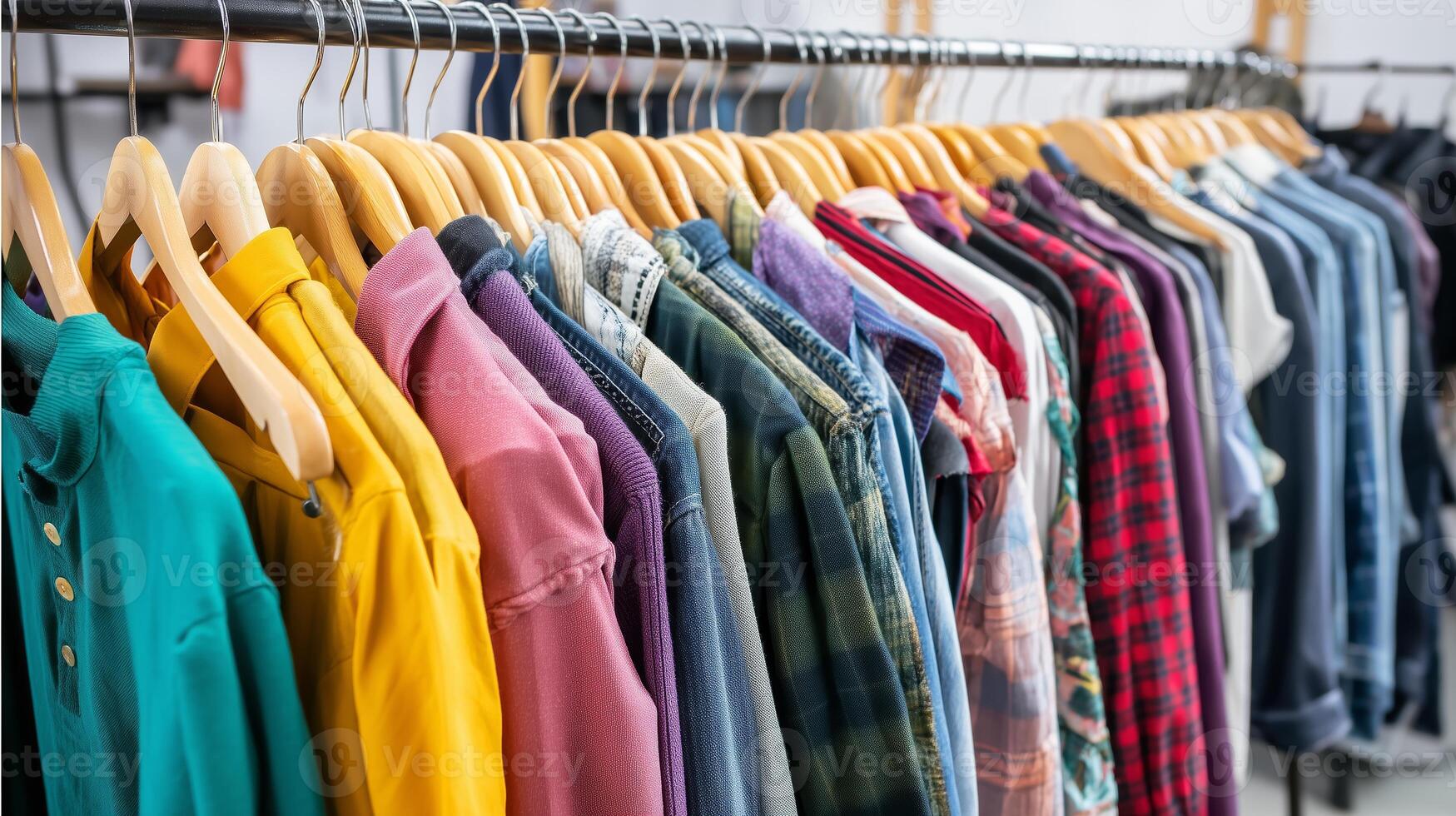 Colorful clothing rack displaying a variety of casual shirts in a retail store setting photo