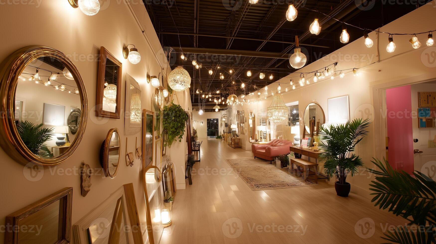 Cozy indoor space with warm lighting and decorative mirrors creates an inviting atmosphere during evening hours photo