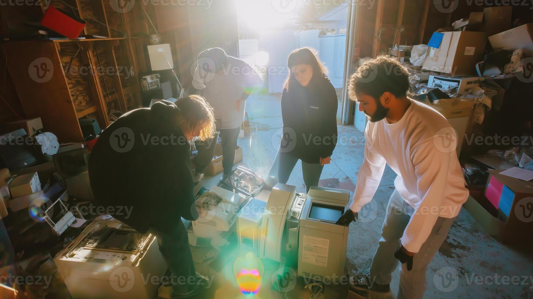 Group of friends sorting through old electronics in a cluttered storage space during the afternoon light photo
