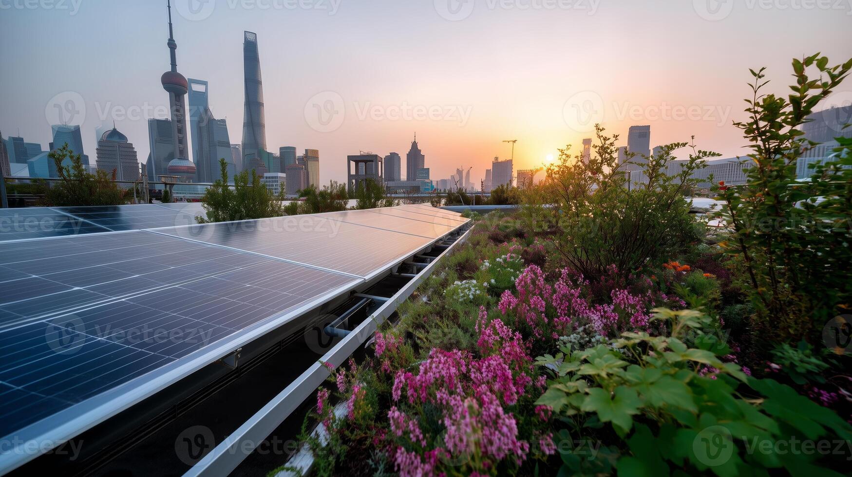 Solar panels on a rooftop garden in Shanghai at sunset with blooming flowers and city skyline photo