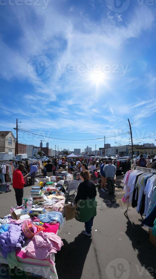 Crowds explore a lively open-air market under a bright blue sky on a sunny afternoon photo