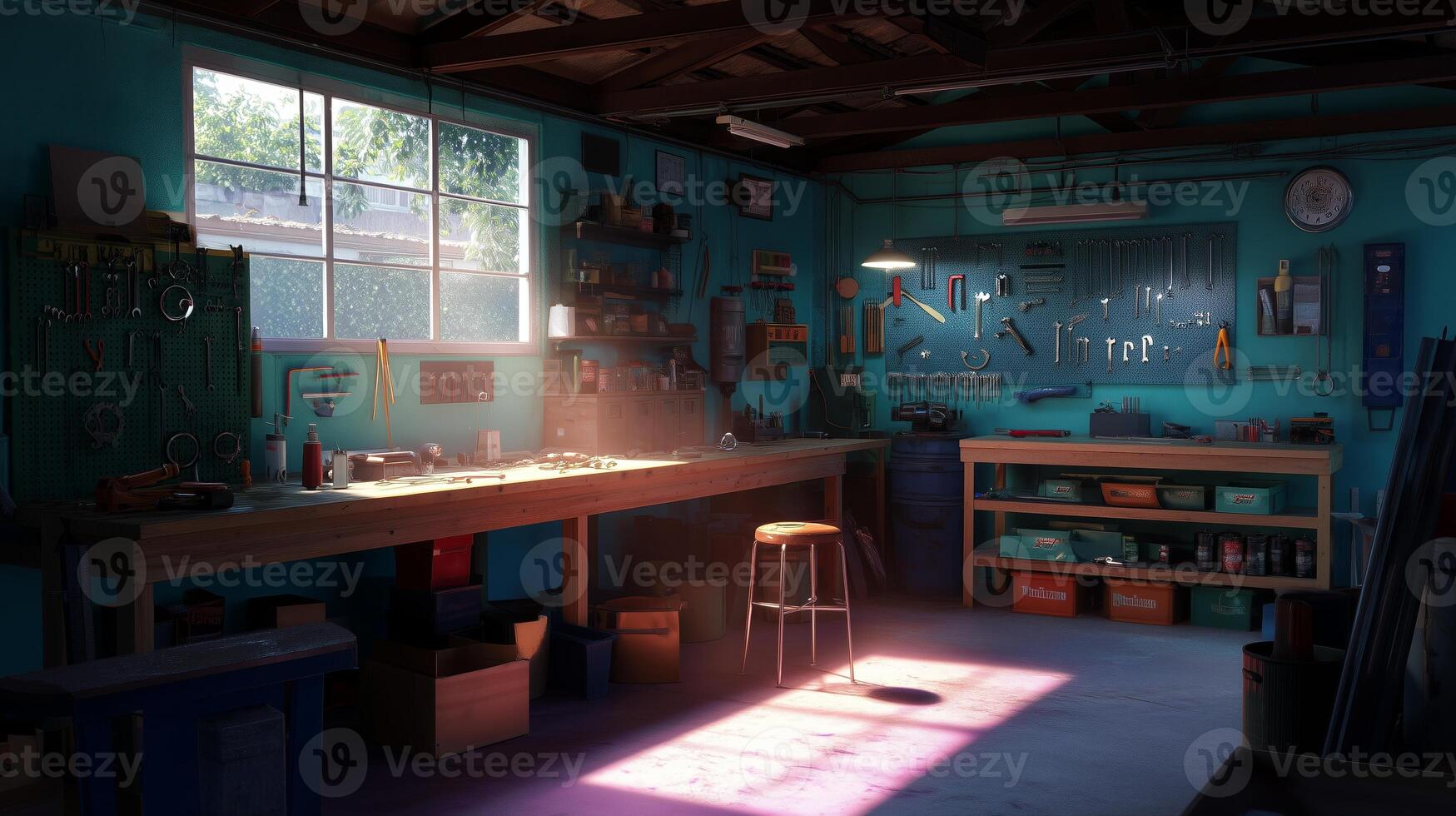 Cozy workshop with a wooden workbench and tools illuminated by sunlight in the late afternoon photo