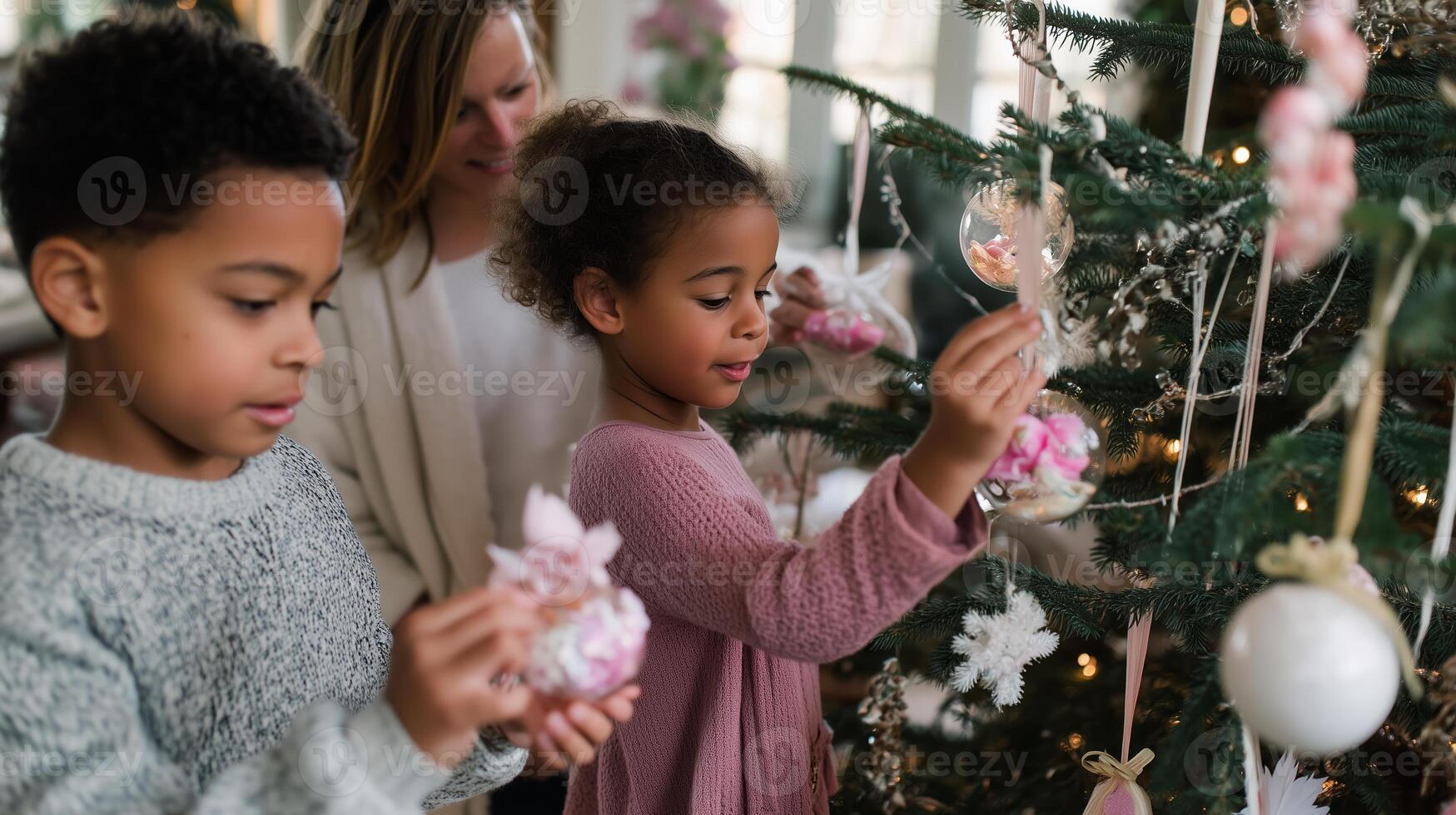 Family decorates Christmas tree together, creating joyful holiday memories at home photo