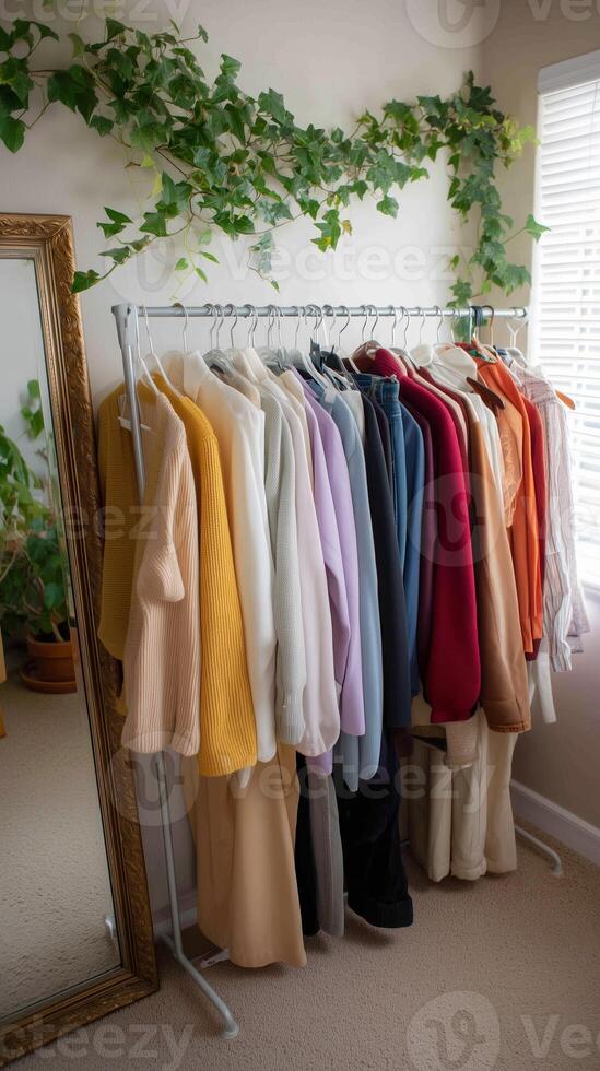 Colorful collection of cozy sweaters organized on a rack in a sunlit room with plants and a mirror photo