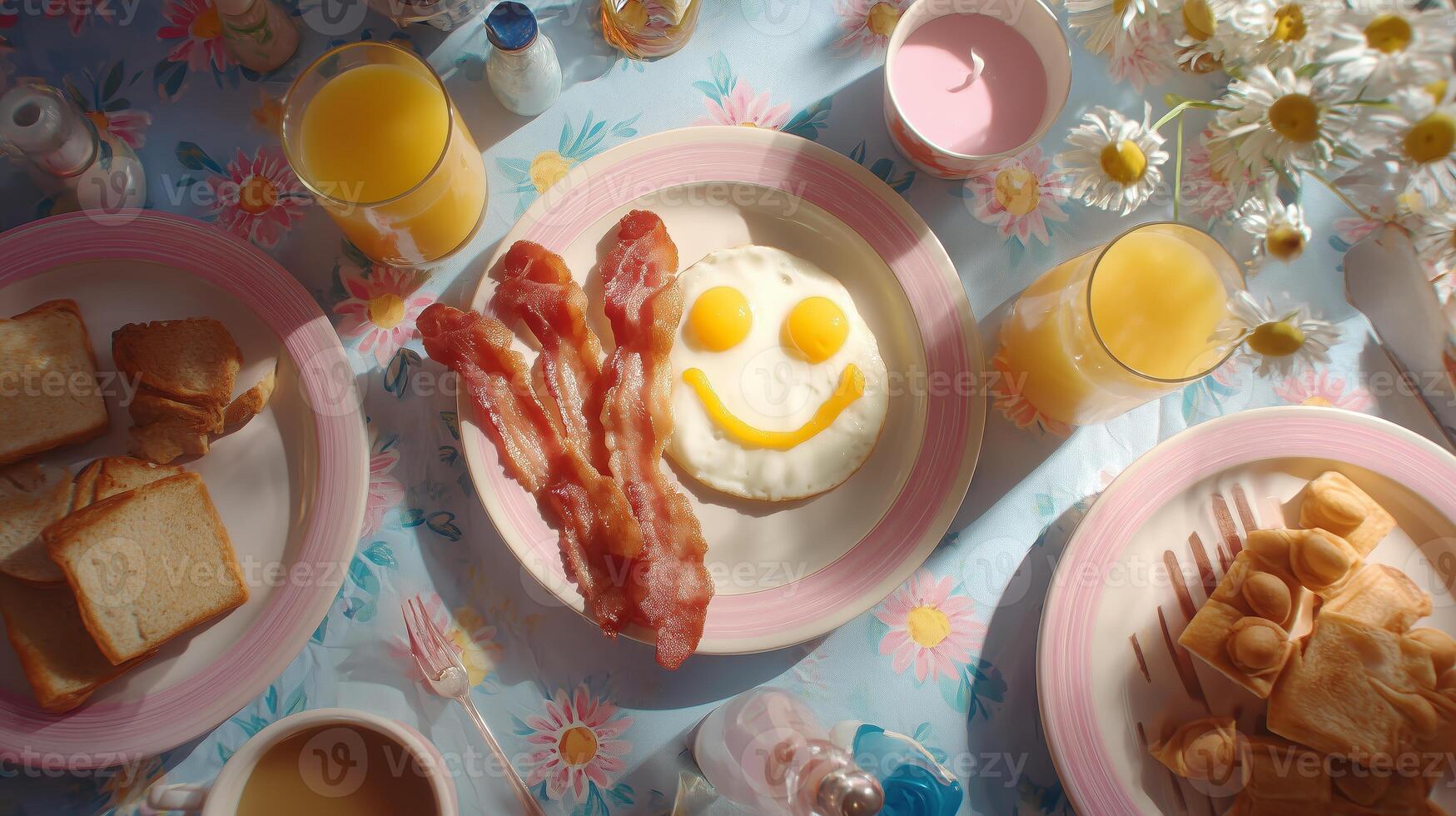 Breakfast table set with cheerful food, including eggs, bacon, and fresh juice photo