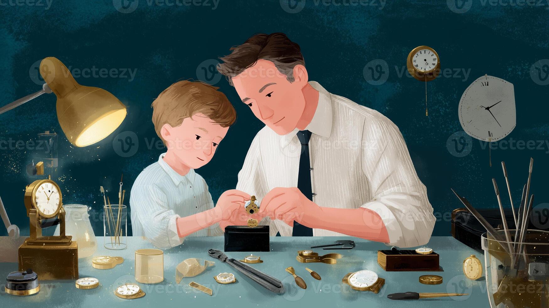 Father and son bonding over watchmaking in a cozy workshop during an afternoon photo