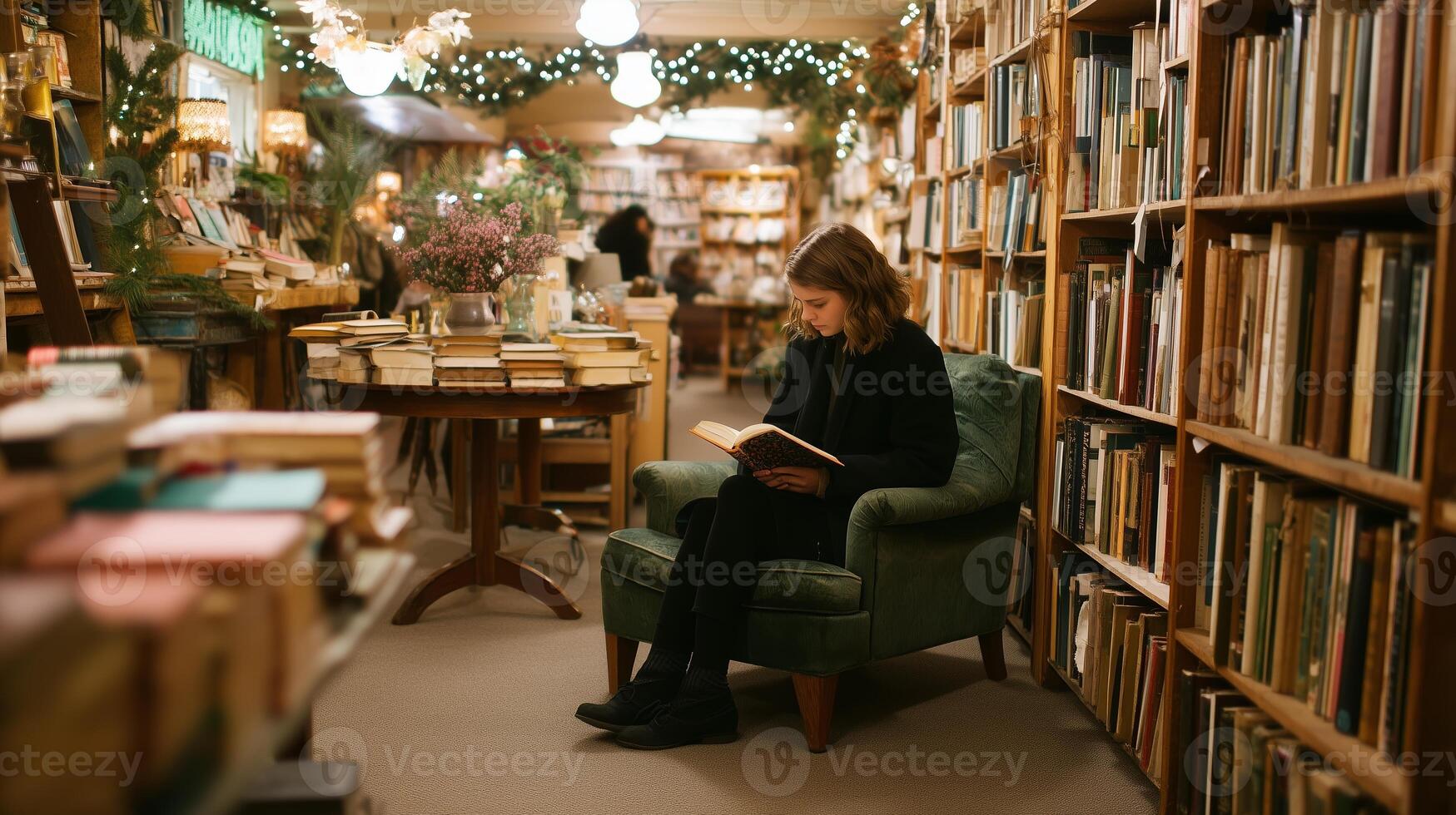 Cozy reading nook in a charming bookstore during winter afternoon with festive decorations and warm ambiance photo