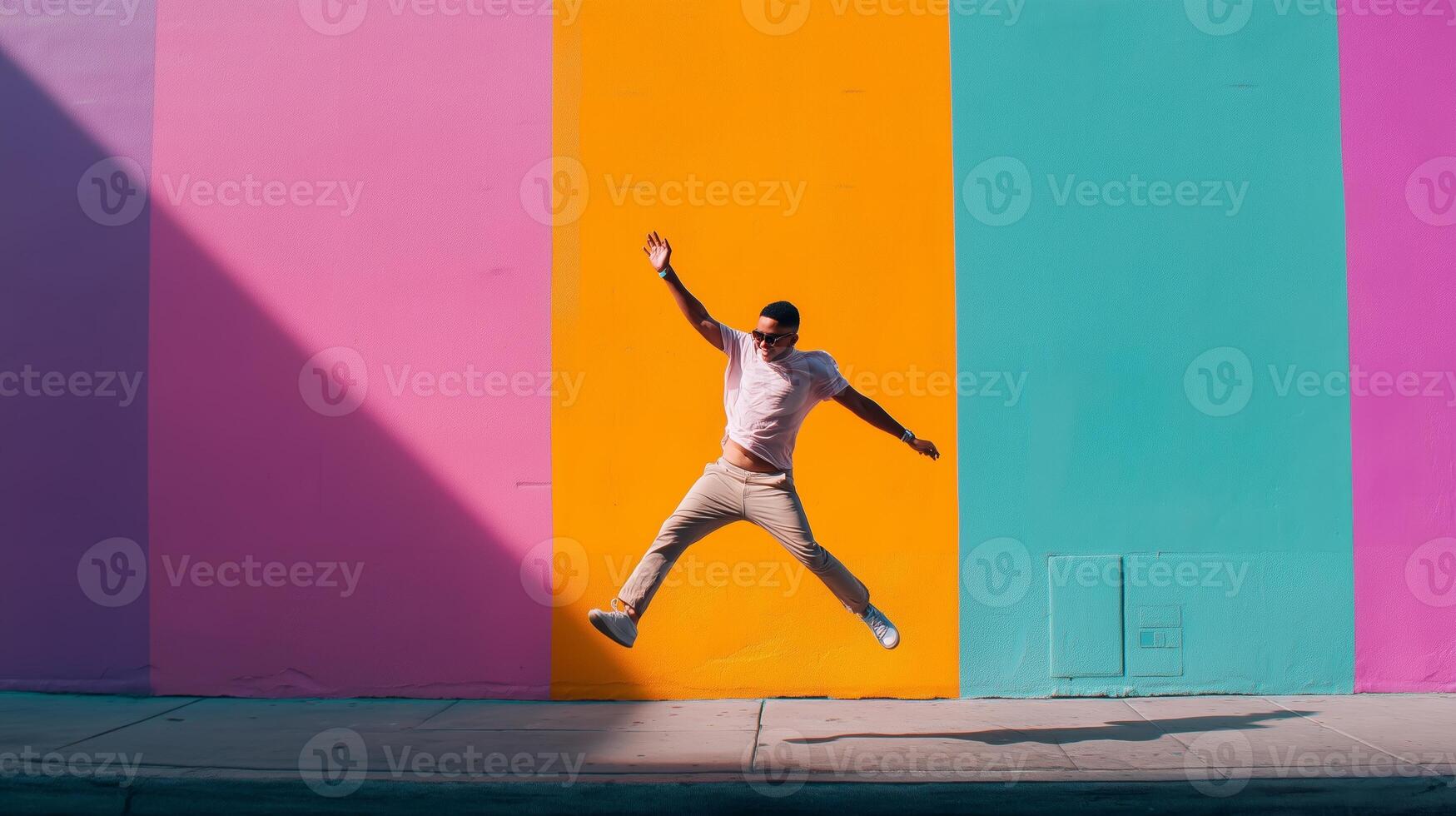 Man jumps joyfully in front of colorful mural in urban setting during sunny day photo