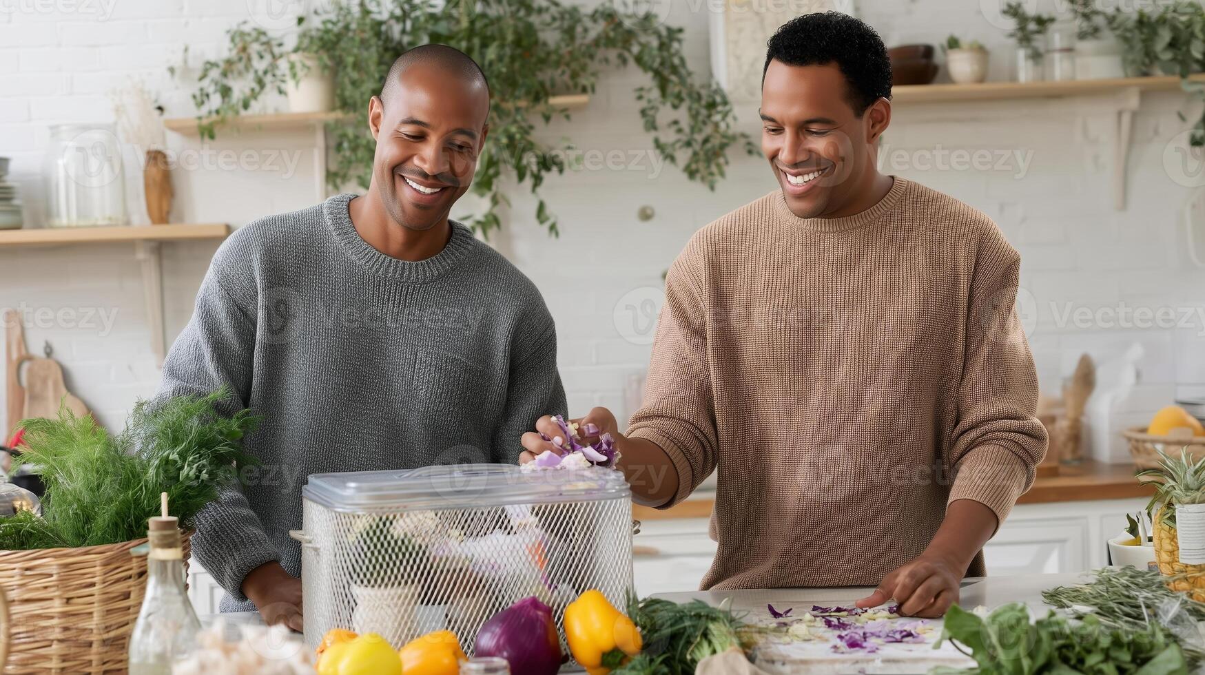 Two men preparing fresh vegetables together in a modern kitchen during a sunny day while smiling and enjoying their cooking experience photo