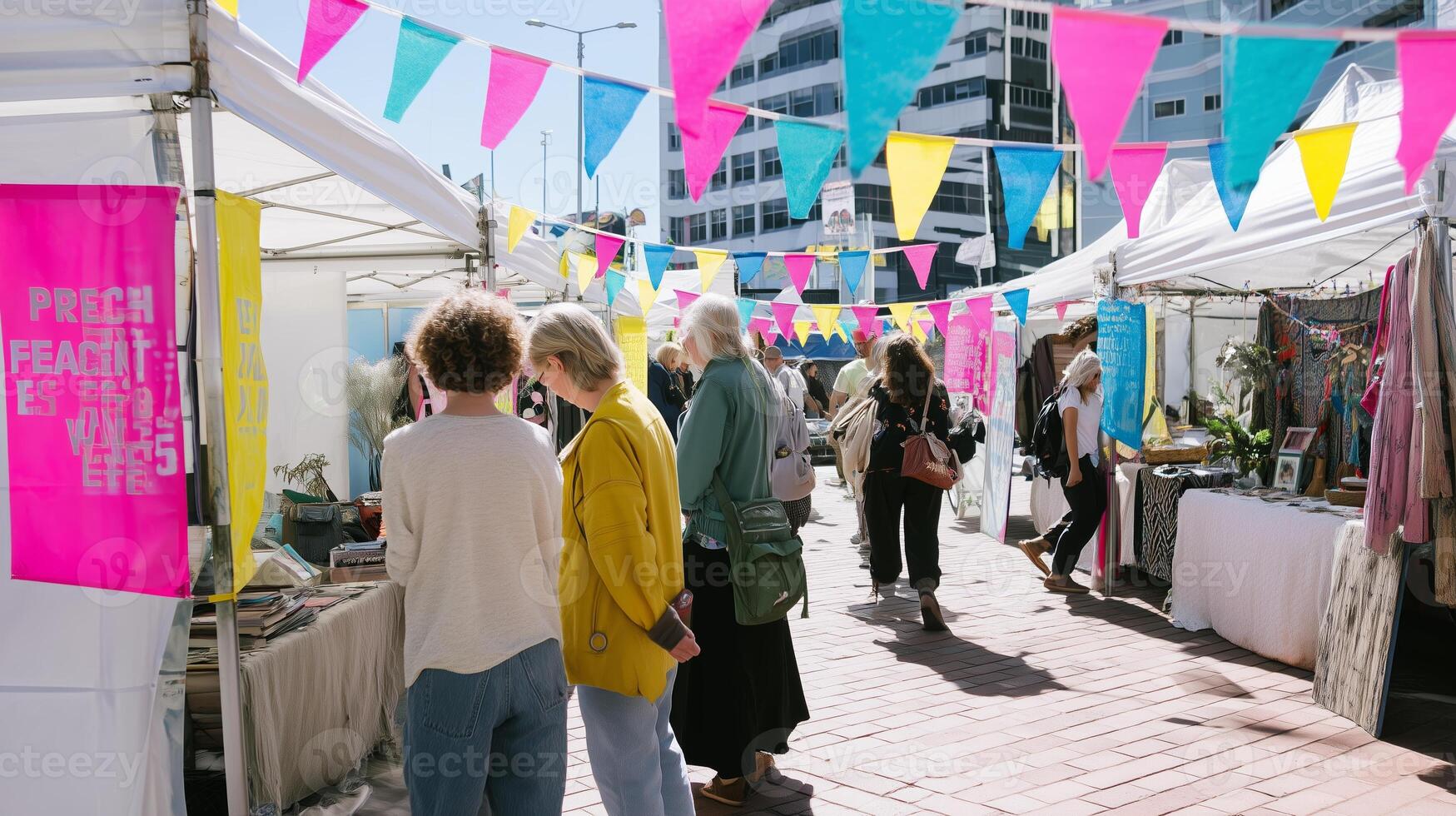 Visitors explore artisan market filled with colorful banners and unique crafts during a sunny afternoon photo
