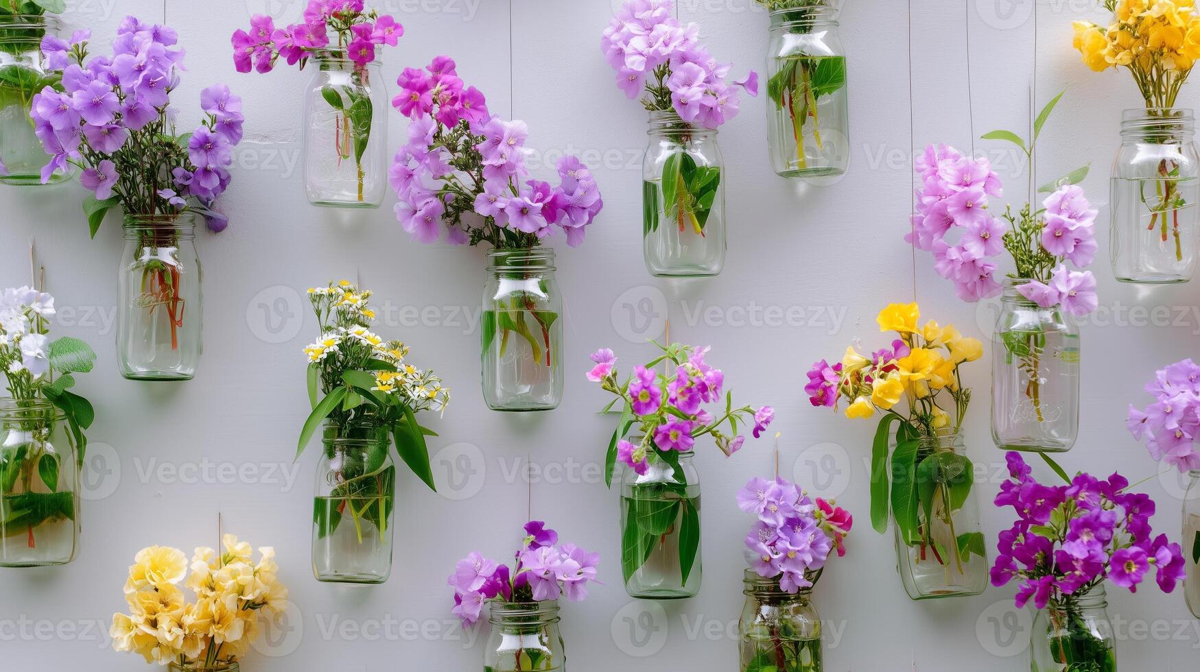 Beautiful flower arrangements in glass jars create a vibrant wall display in a bright indoor space photo