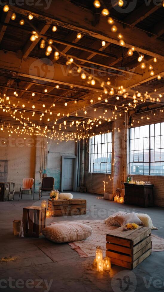 Cozy evening setting with warm lights in a spacious industrial space perfect for gatherings photo
