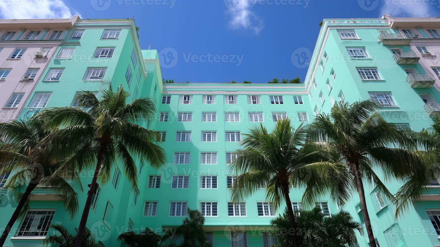 Elegant turquoise building surrounded by palm trees under a clear blue sky in a tropical location photo