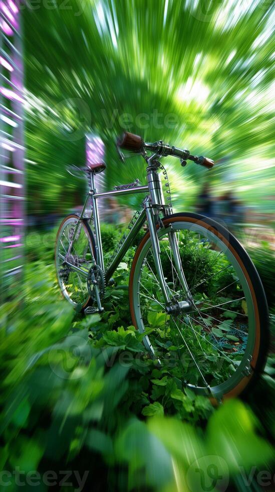 Bicycle surrounded by vibrant green foliage in a dynamic urban park setting during springtime photo