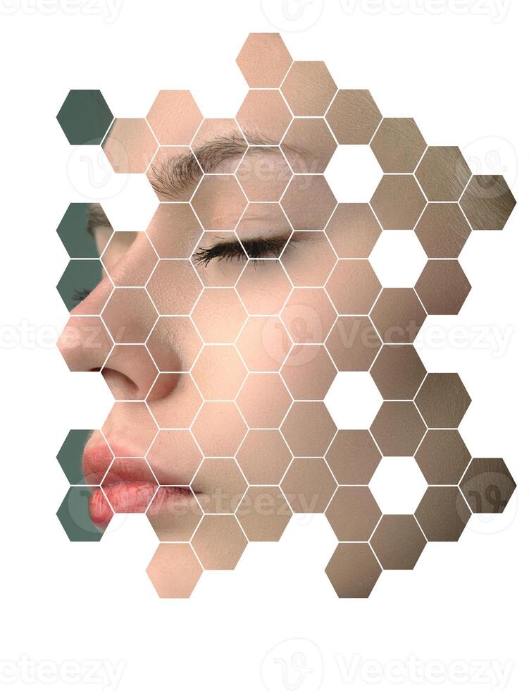 Creative close-up of a woman's face with hexagonal patterns overlaying her features photo