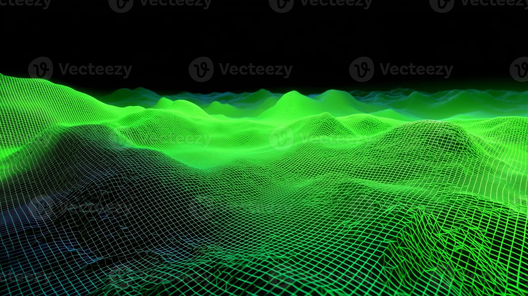 3D wireframe landscape with neon green waves representing digital terrain in a dark environment photo