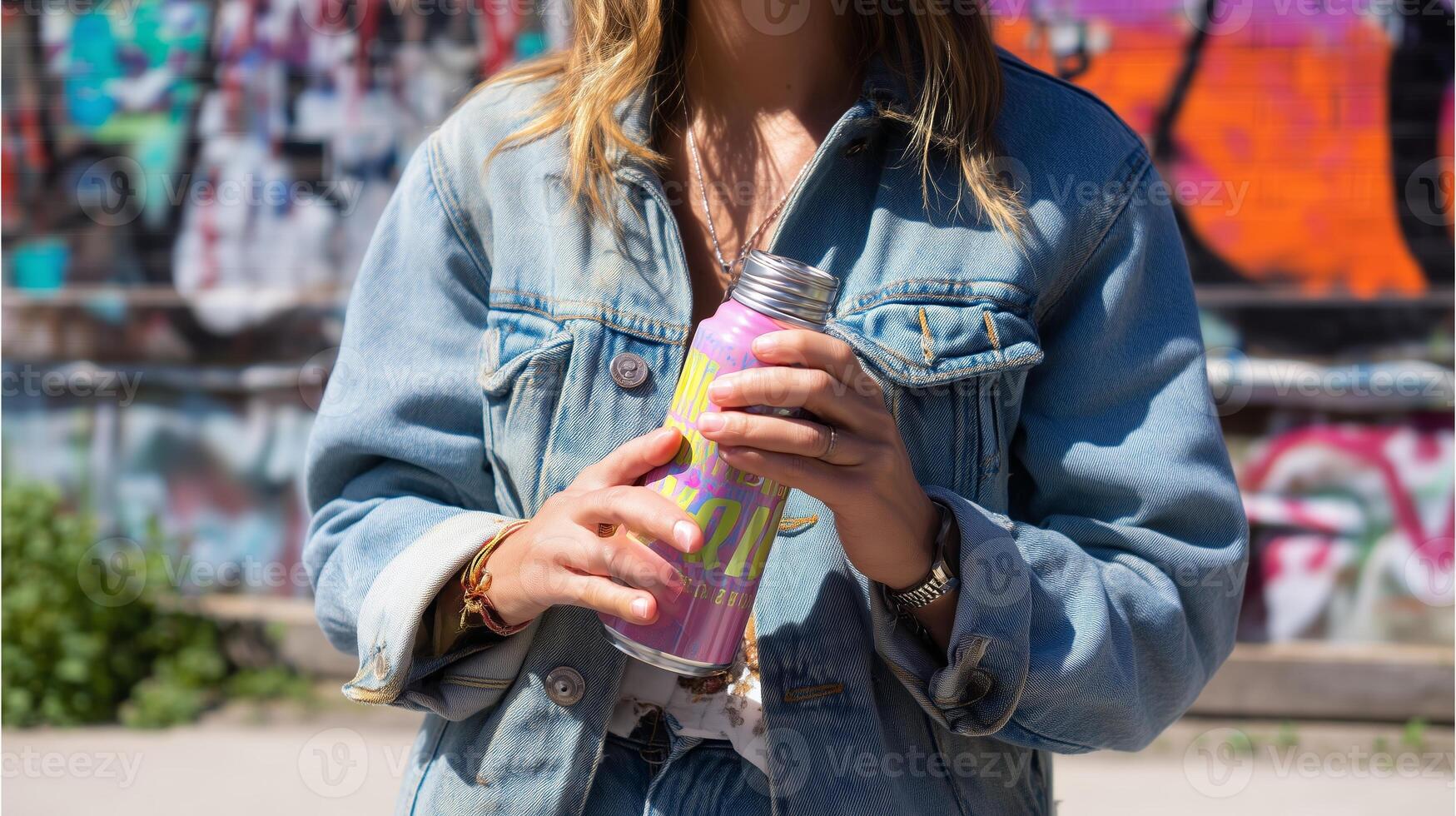 Woman holds colorful drink can in urban setting with vibrant graffiti background during sunny day photo