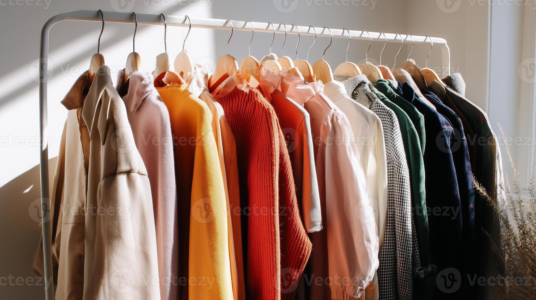 Colorful selection of casual clothing displayed on a rack in a bright, sunlit room photo