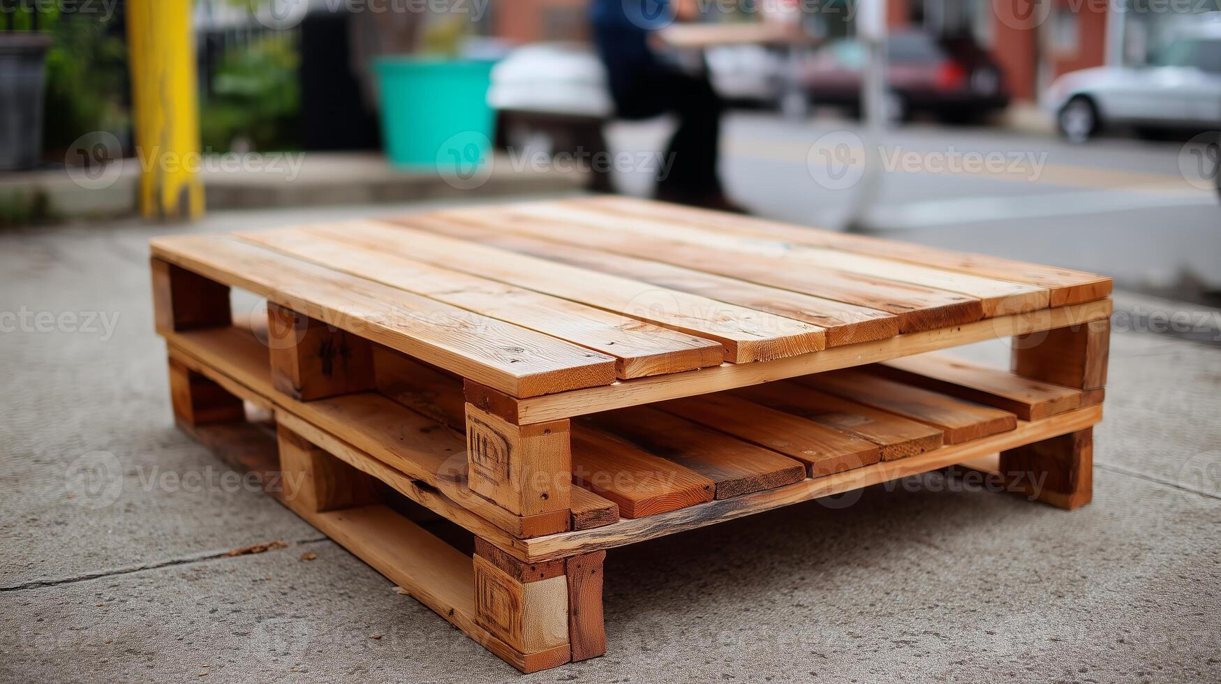 Wooden pallet rests on a concrete surface in an urban setting during daylight with people in the background photo