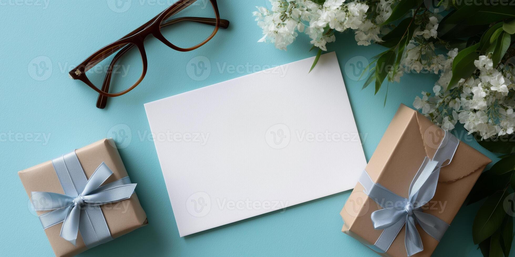 Presents with blue ribbons and blank card placed on a turquoise surface surrounded by flowers and eyeglasses photo