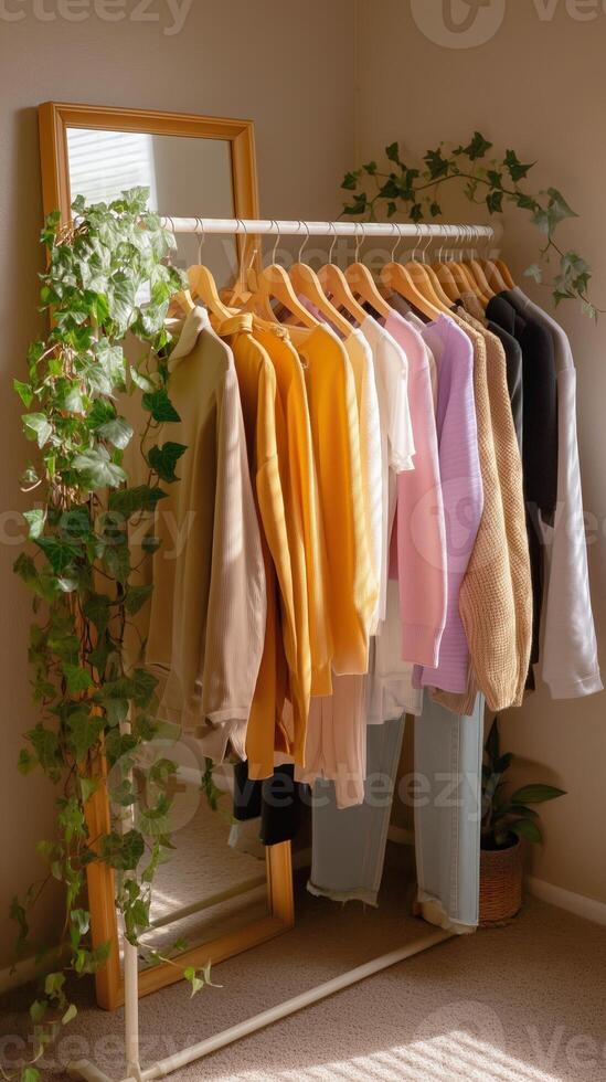 Colorful sweaters displayed on a rack next to a mirror and plants in a cozy indoor space during daytime photo